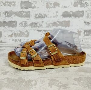Birkenstock Womens Suede Triple Strap Sandal in Cognac